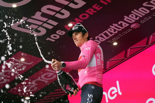 Geraint Thomas celebrates on podium 