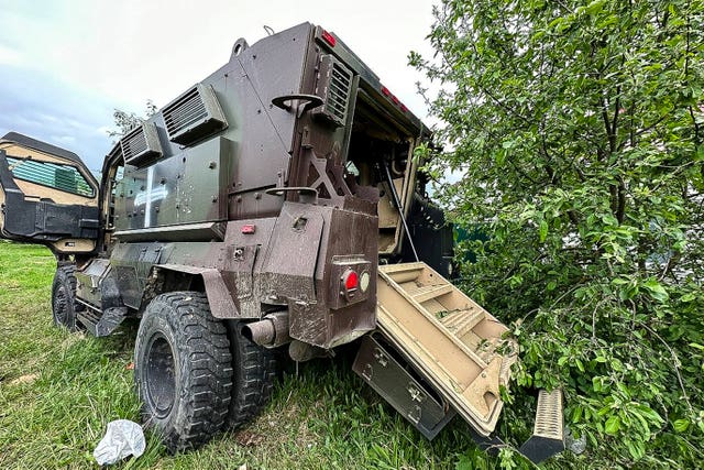 A damaged armoured military vehicle is seen after fighting in Russia’s western Belgorod region