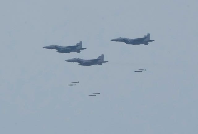 South Korean air force F-15K fighters drop bombs