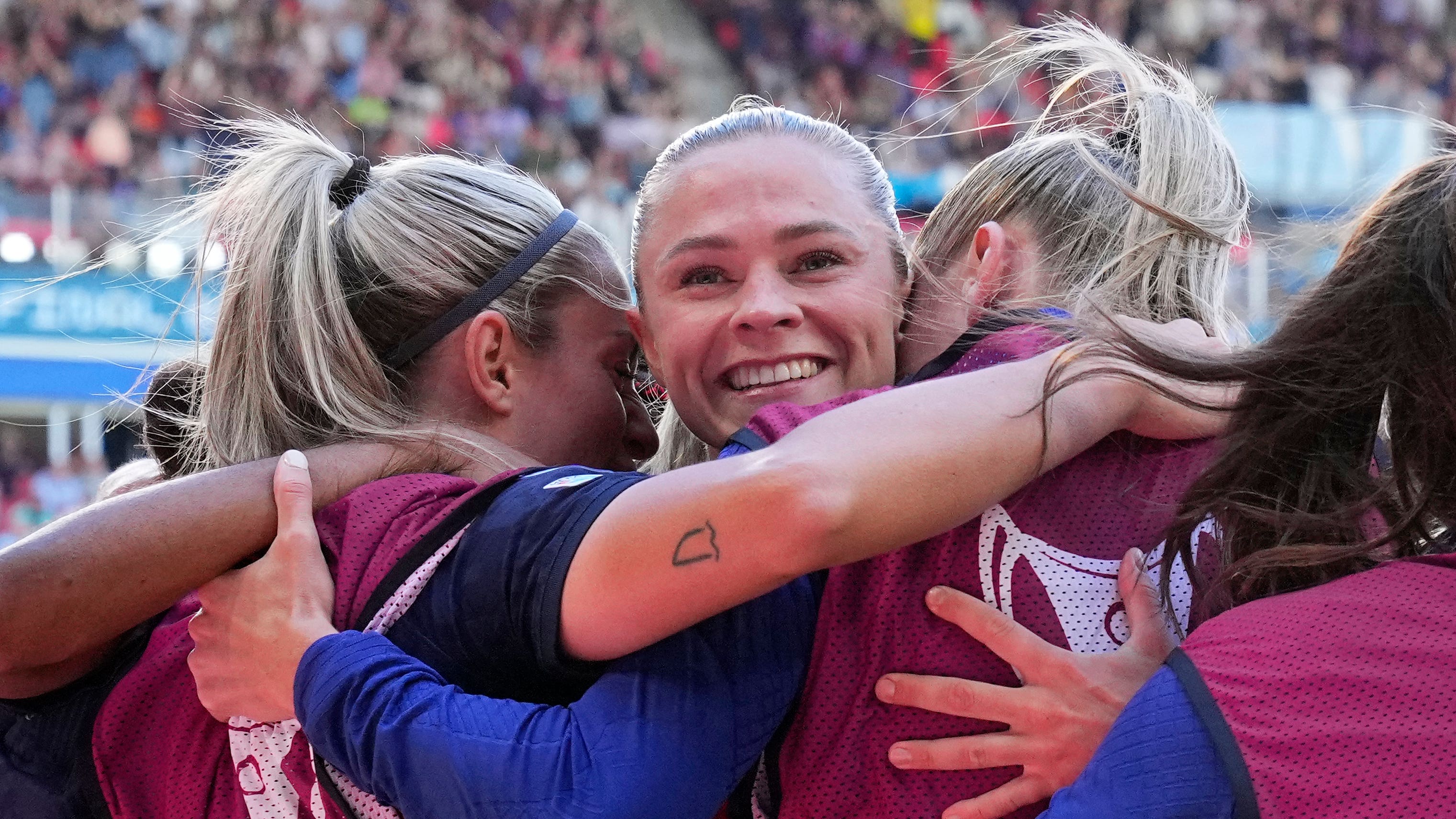 Barcelona’s Fridolina Rolfo, centre, celebrates her goal (AP)