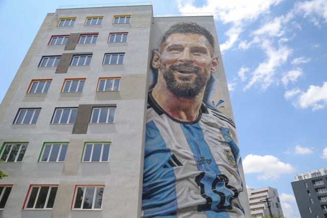 A mural of Argentinian footballer Lionel Messi is painted on a building in Tirana, Albania
