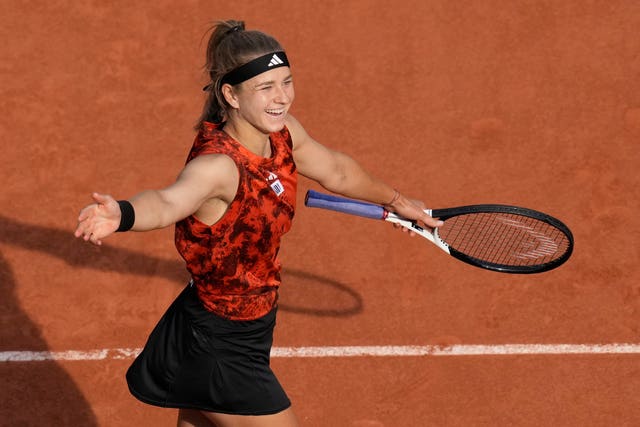 Karolina Muchova celebrates her win over Aryna Sabalenka 
