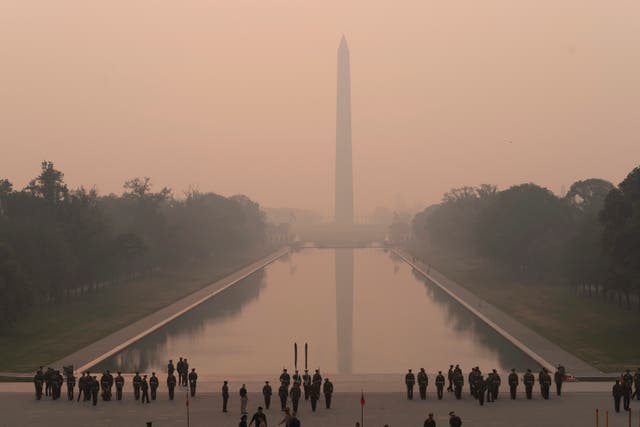 The Washington Monument amid a thick layer of smoke in Washington