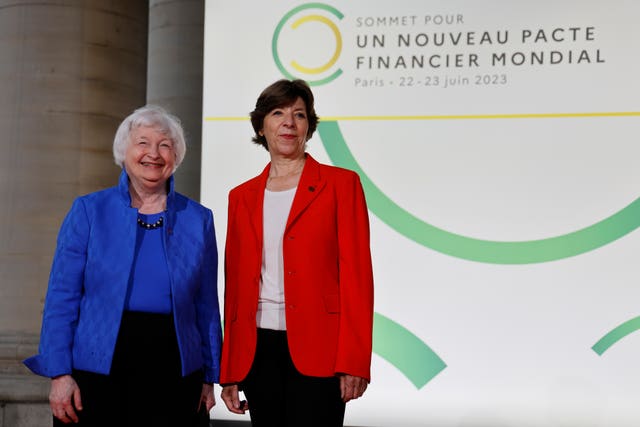 French foreign minister Catherine Colonna, right, welcomes US Treasury secretary Janet Yellen at the New Global Financial Summit in Paris