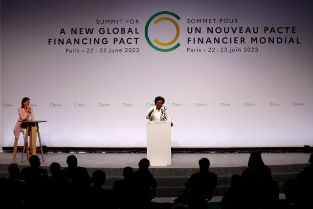 Prime Minister of Barbados Mia Mottley delivers her speech at the New Global Financial summit in Paris