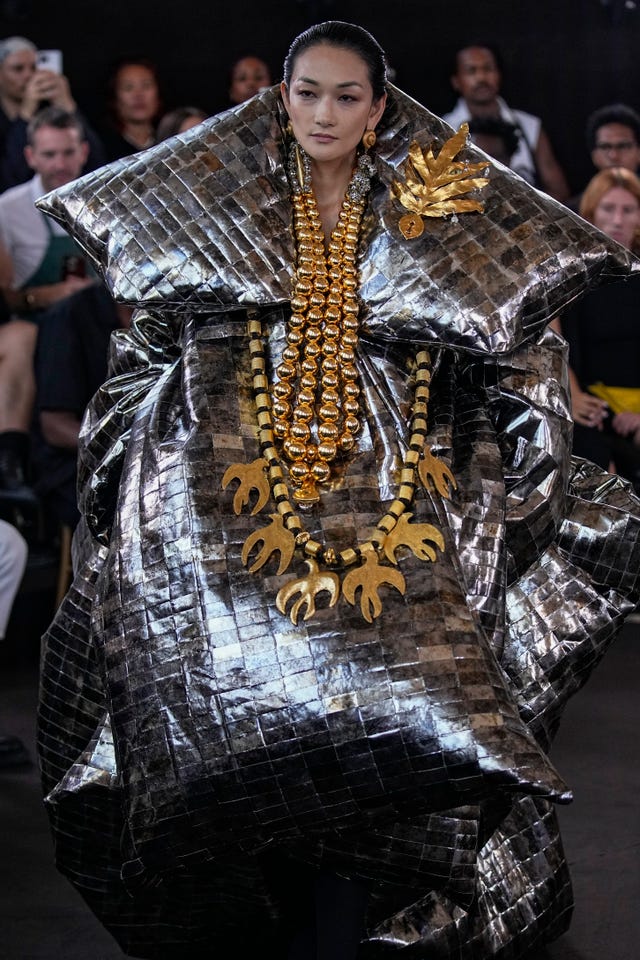 A model wears a creation for the Schiaparelli Haute Couture Fall/Winter 2023-2024 fashion collection