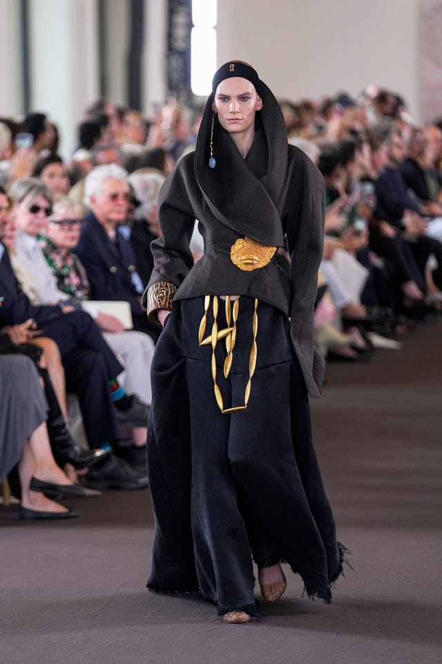 A model wears a creation for the Schiaparelli Haute Couture Fall/Winter 2023-2024 fashion collection