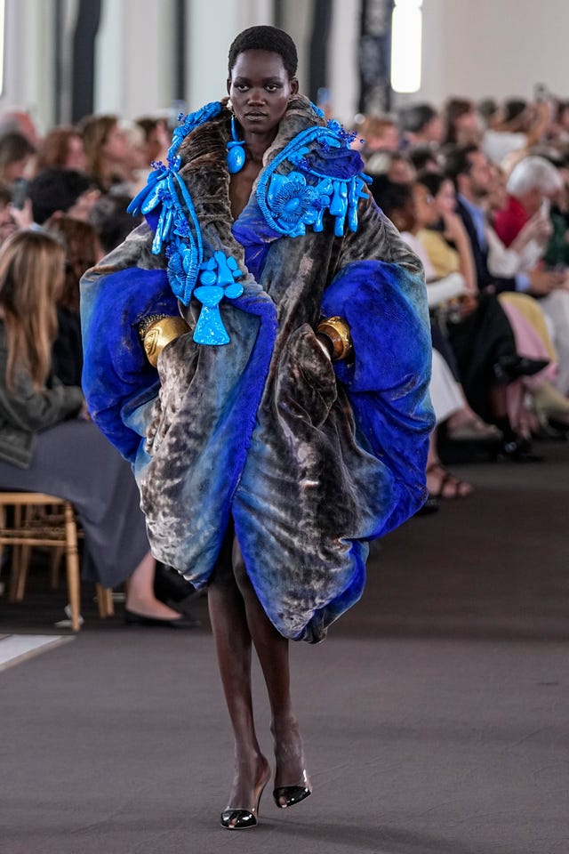 A model wears a creation for the Schiaparelli Haute Couture Fall/Winter 2023-2024 fashion collection