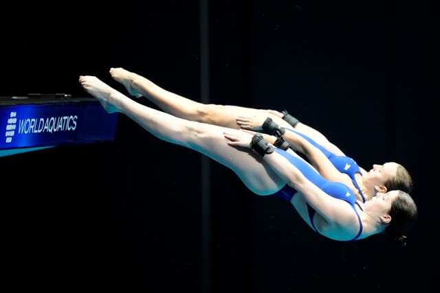 Andrea Spendolini-Sirieix and Lois Toulson compete in the women’s synchronized 10m platform diving final at the World Swimming Championships