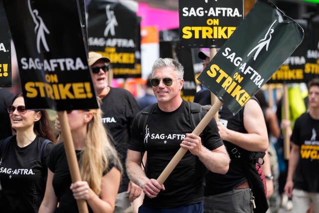 A picket line outside Paramount in Times Square in New York