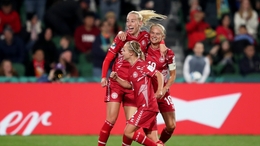 Amalie Vangsgaard celebrates with Pernille Harder, right, and Josefine Hasbo (Gary Day/AP)