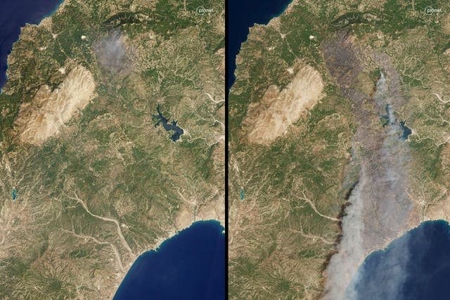 A combination of satellite images provided by Planet Labs PBC and taken on Thursday and Sunday showing the extent of the wildfires on part of Rhodes 