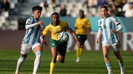 South Africa's Thembi Kgatlana battles for the ball with Argentina’s Lorena Benitez and Aldana Cometti