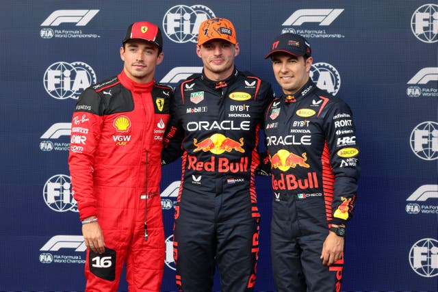 Charles Leclerc (left), Max Verstappen (centre) and Sergio Perez