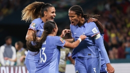 Wendie Renard (right) celebrates her winning goal for France (Aisha Schulz/AP).