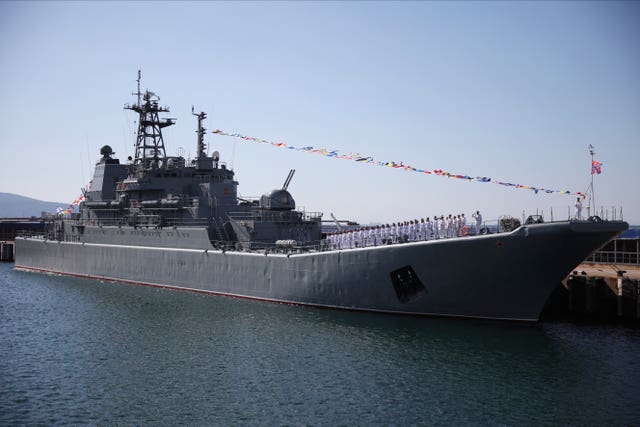 The Olenegorsky Gornyak warship stands moored at a harbour of Novorossiysk, Russia, on July 30 