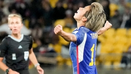 Mina Tanaka celebrates scoring Japan’s fourth goal (John Cowpland/AP)