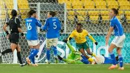 South Africa’s Thembi Kgatlana celebrates after scoring her side’s third goal during the Women’s World Cup Group G soccer match between South Africa and Italy in Wellington, New Zealand, Wednesday, Aug. 2, 2023. (AP Photo/Alessandra Tarantino)