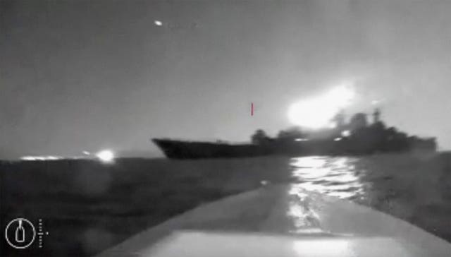 In this grab taken from video a drone manoeuvres as it approaches the vessel claimed to be a Russian large landing ship, the Olenegorsky Gonyak, close to the Black Sea port of Novorossiysk