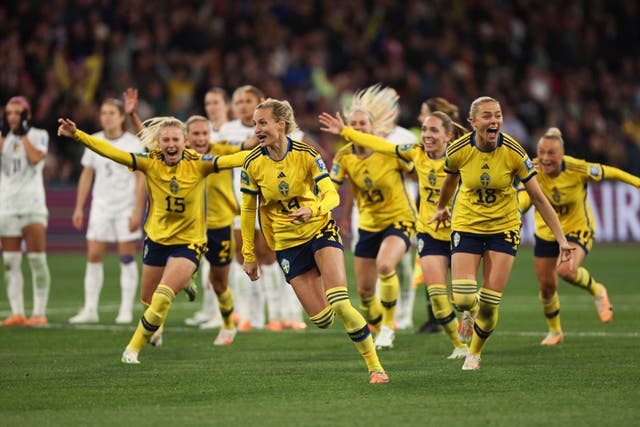 Sweden celebrate victory over the United States after a dramatic penalty shoot-out in Melbourne