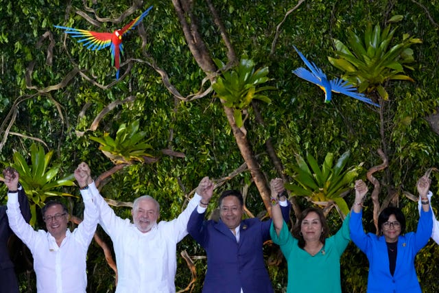 From left, Colombia’s President Gustavo Petro, Brazil’s President Luiz Inacio Lula Da Silva, Bolivia’s President Luis Arce, Peru’s President Dina Boluarte and Venezuela’s vice president Delcy Rodriguez