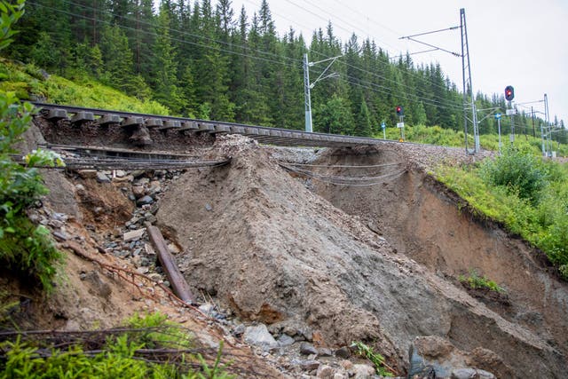 Collapsed parts of the Bergen Trainline due to extreme weather