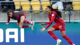 Spain’s Salma Paralluelo celebrates after scoring her team’s second goal during extra time play at the Women’s World Cup quarter-final match between Spain and the Netherlands (Alessandra Tarantino/AP)
