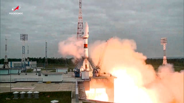 A rocket with the moon lander Luna-25 automatic station taking off from a launch pad