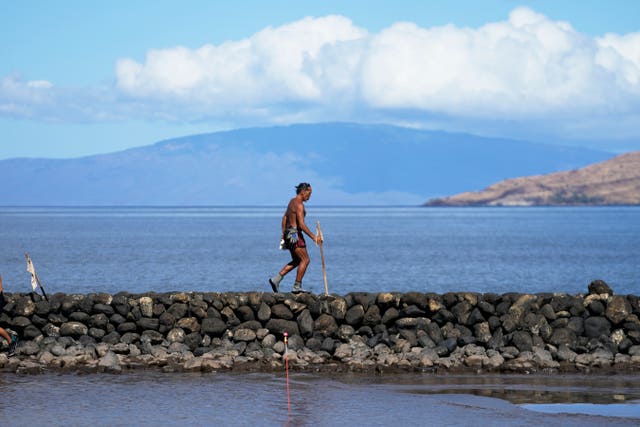 Man walks on a sea wall