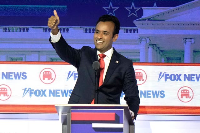Businessman Vivek Ramaswamy reacts after a Republican presidential primary debate hosted by Fox News Channel in Milwaukee