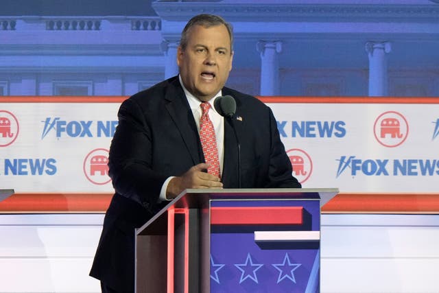 Former New Jersey governor Chris Christie speaks during a Republican presidential primary debate in Milwaukee