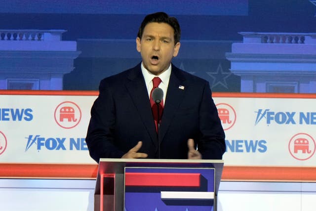 Republican presidential candidate Florida governor Ron DeSantis speaks during a Republican presidential primary debate in Milwaukee