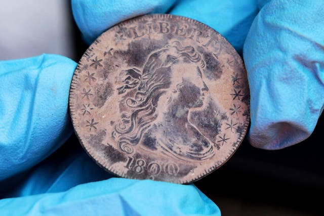 An 1800 Draped Bust Dollar, one of the coins found in the lead box believed to have been placed in the base of a monument by cadets almost two centuries ago, in West Point, New York 