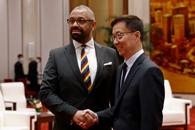 Foreign Secretary James Cleverly, left, and Chinese vice president Han Zheng 