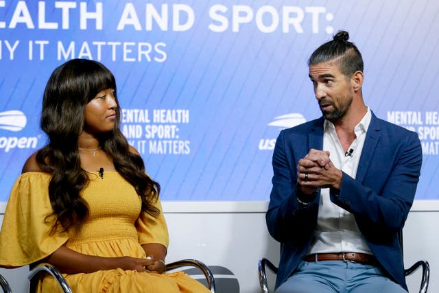 Naomi Osaka, left, and Michael Phelps during a mental health forum at Flushing Meadows 