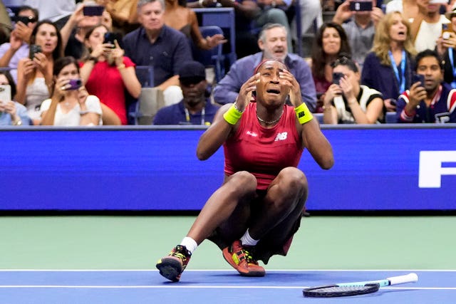 Coco Gauffreacts after defeating Aryna Sabalenka (Frank Franklin II/AP)