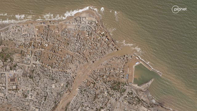 A satellite photo shows flooding in Derna, Libya 