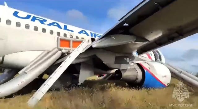 An Airbus A320 of Ural Airlines is seen after an emergency landing near Ubinskoye village, Novosibirsk Region, Russia