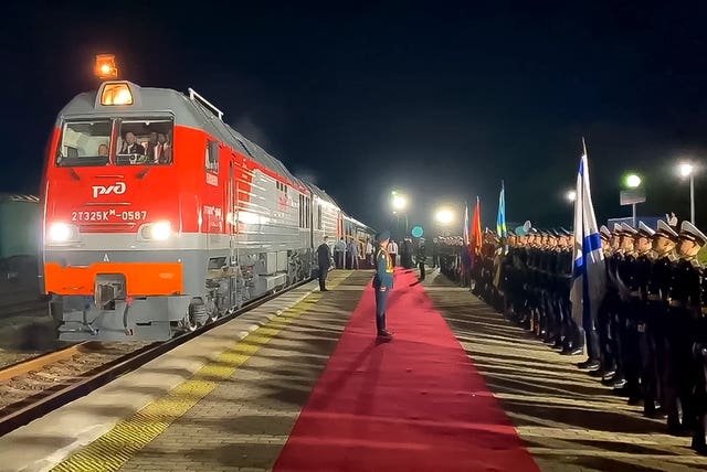 The train with North Korea’s leader Kim Jong Un arrives after crossing the border to Russia at Khasan, about 127km (79 miles) south of Vladivostok 