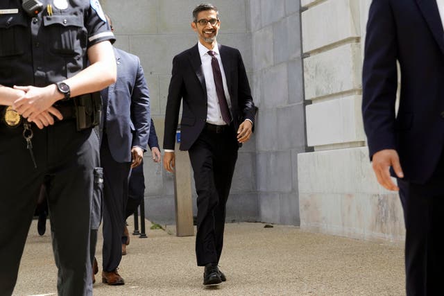 Alphabet/Google chief executive Sundar Pichai departs following a closed-door gathering of leading tech CEOs to discuss the priorities and risks surrounding artificial intelligence and how it should be regulated, at Capitol Hill in Washington