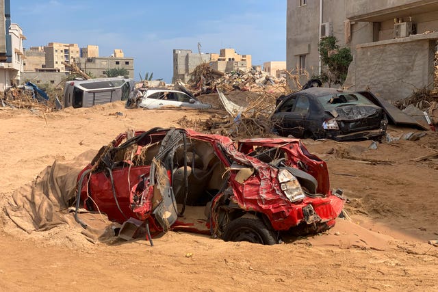 The destruction caused by a flash flood is seen in Derna