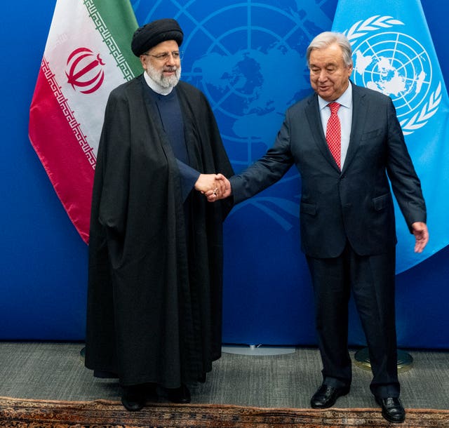 Iran's President Ebrahim Raisi meets United Nations secretary-general Antonio Guterres at the UN headquarters on Monday