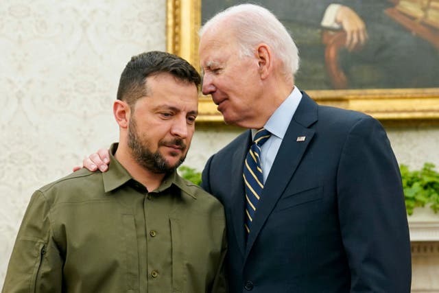 US president Joe Biden with Ukrainian president Volodymyr Zelensky in the Oval Office of the White House 