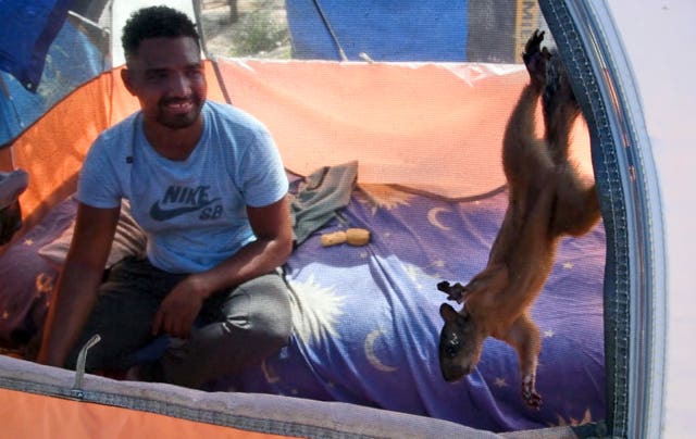 Niko, a pet squirrel, and his owner, Yeison, in their tent at a migrant camp in Matamoros, Mexico