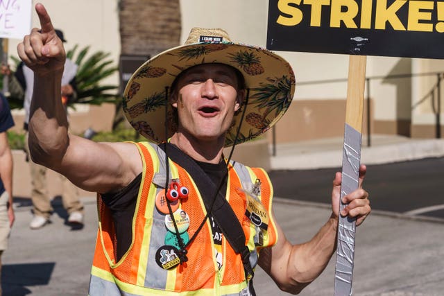 Actor Brendan Bradley on a picket line outside the Paramount Pictures Studio in Los Angeles