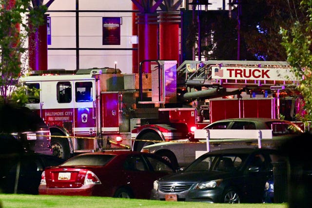 A Baltimore City Fire Department truck stages at Morgan State University during a shooting on the campus in Baltimore 