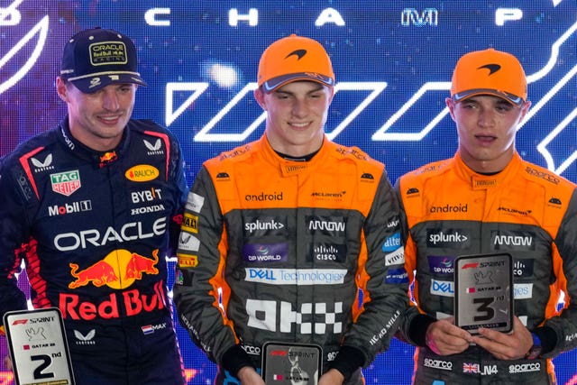 Max Verstappen (left) alongside Oscar Piastri who won on Saturday 