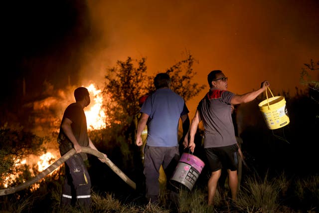 Neighbours work to put out a forest fire on the outskirts of Villa Carlos Paz in Cordoba province