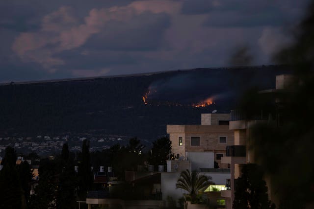 A fire burns on the Israeli side of the border with Lebanon after explosions on Sunday