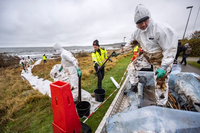 Personnel from the Coast Guard work on the clean-up after the oil leak from the grounded ferry Marco Polo on the coast of Horvik, southern Sweden on October 26 